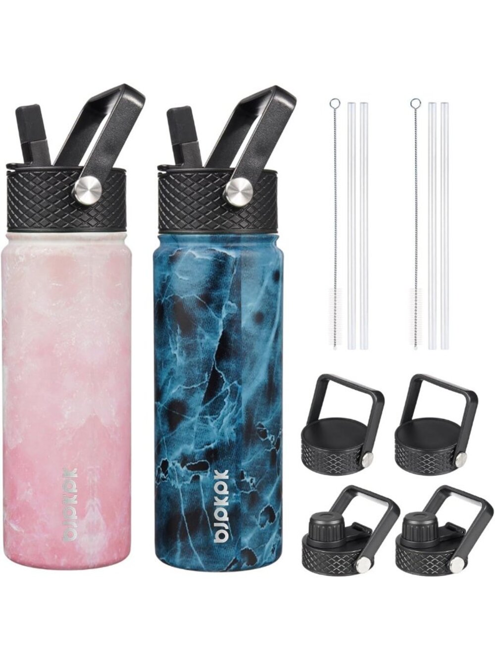 2 Pack 22oz Insulated Stainless Steel Water Bottles with Straw Lids - Durable